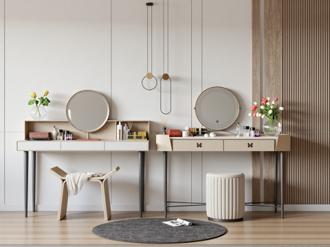 现代梳妆台 摆件 镜子 沙发凳su模型