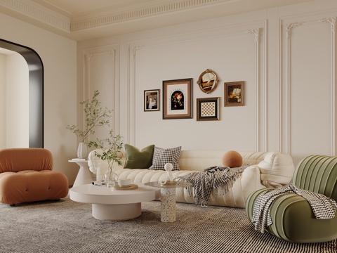 法式奶油风客厅 家居客厅 法式沙发茶几组合3d模型