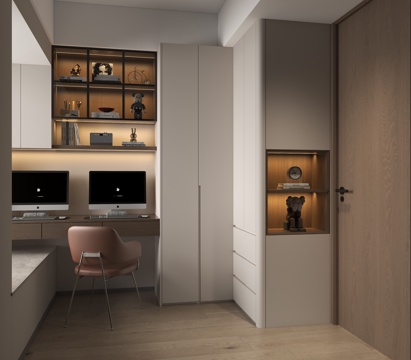 现代书房衣柜 现代飘窗书房 书房装饰摆件 书房皮革单椅 转角su模型