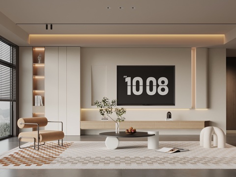  现代奶油风客厅 电视背景墙 沙发茶几组合3d模型 