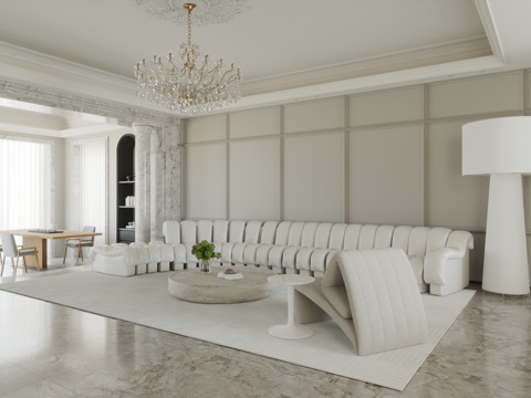  法式客厅 欧式客厅 简欧客厅 毛毛虫沙发 洞石茶几 大影灯3d模型 