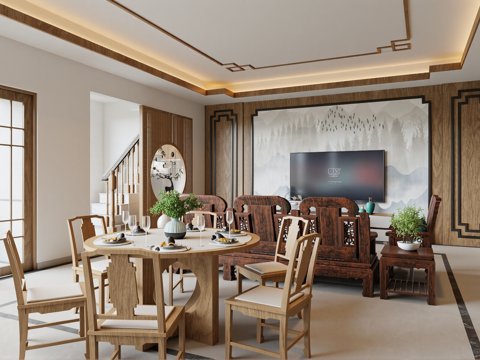 新中式客餐厅su模型
