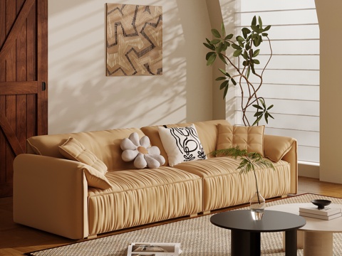 现代奶油风沙发 多人沙发 直排沙发su模型