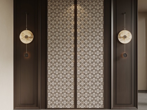 新中式玄关 入户装饰性隔断su模型