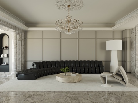  法式客厅 欧式客厅 简欧客厅 毛毛虫沙发 洞石茶几 大影灯3d模型 