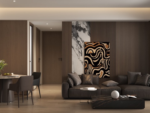  现代意式客厅沙发 意式客餐厅背景墙 意式木纹墙板3d模型 