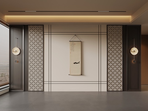 新中式背景墙su模型