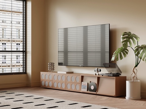  中古风电视柜 边柜 地柜 电视 绿植盆栽su模型 