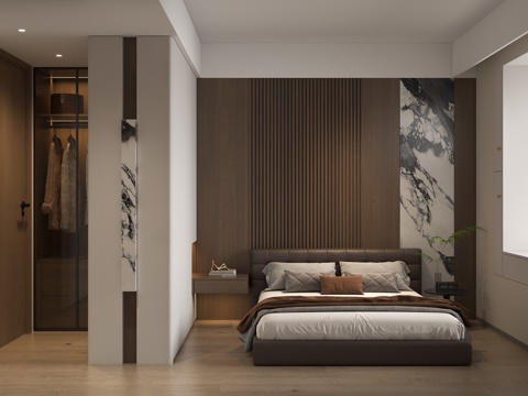 现代意式主卧卧室 意式卧室背景墙 意式卧室隔断衣柜 意式飘窗su模型