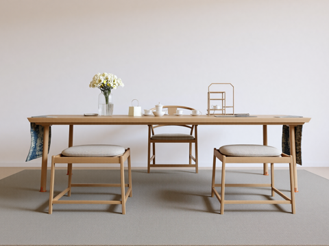 中式风格茶室_茶台桌椅_装饰摆件su模型