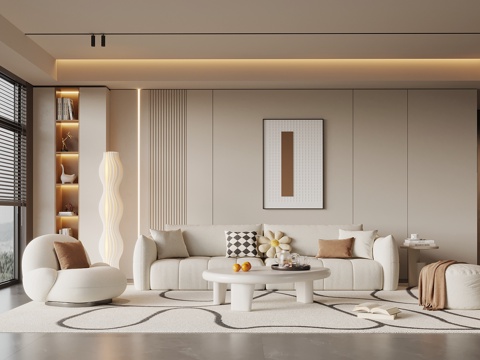 现代奶油风客厅 沙发背景墙 沙发茶几组合su模型