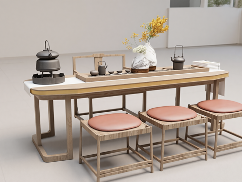 新中式茶桌椅su模型