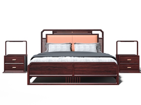  新中式宋式美学红木大床3d模型 