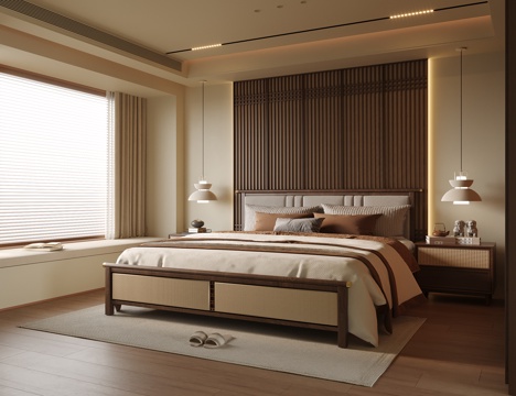 现代卧室 双人床su模型