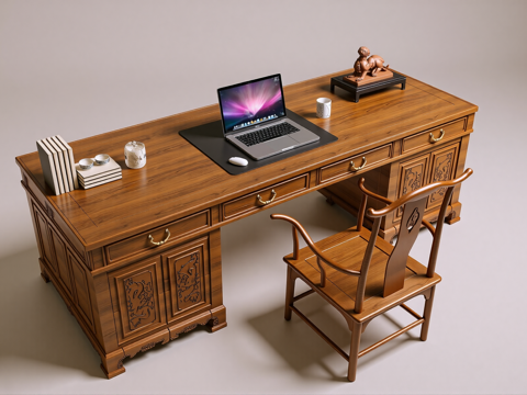 中式古典红木雕花书桌椅官帽椅su模型