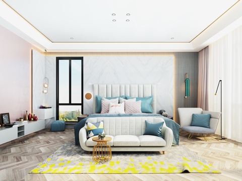  现代卧室 双人床沙发装饰柜吊灯壁灯3d模型 