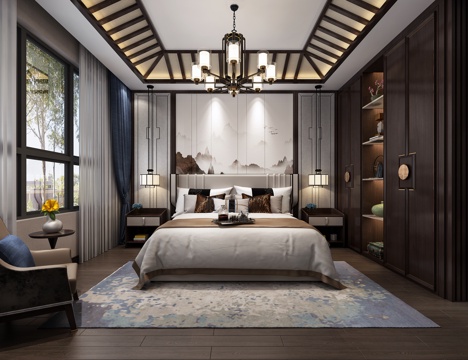  新中式卧室 新中式床 床尾凳 床头柜 衣柜3d模型 