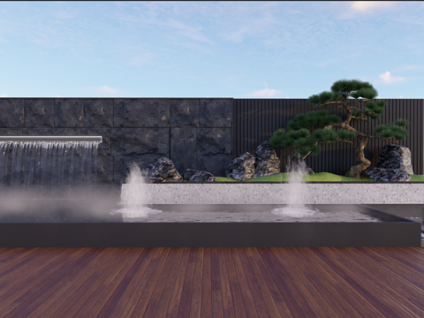 新中式流水景墙别墅后院装饰su模型