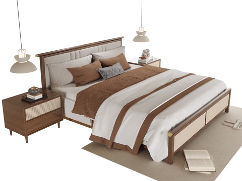 现代双人床 床头柜su模型