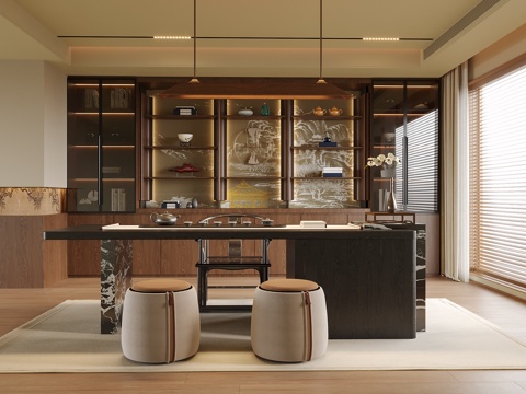 新中式茶室 书房su模型