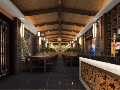  新中式餐厅3d模型 