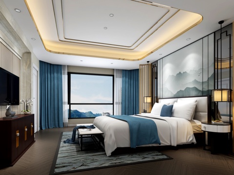  新中式卧室3d模型 