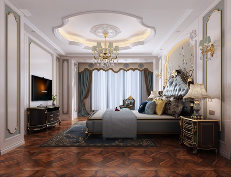  欧式古典主卧室 床 床背景3d模型 