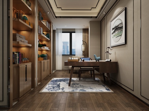  新中式书房空间3d模型 