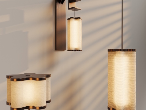 新中式壁灯吊灯台灯组合su模型