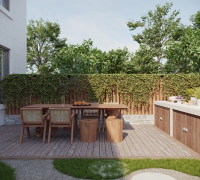  现代别墅庭院 花园景墙 景墙围墙 爬藤绿植 户外柚木餐桌椅3d模型 