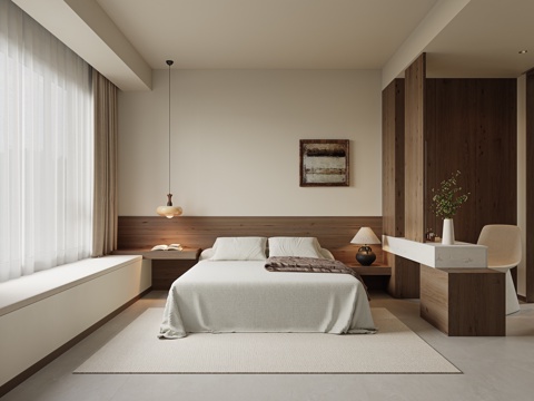 侘寂风卧室 主卧室 无主灯卧室 布艺双人床 吊灯 梳妆台su模型