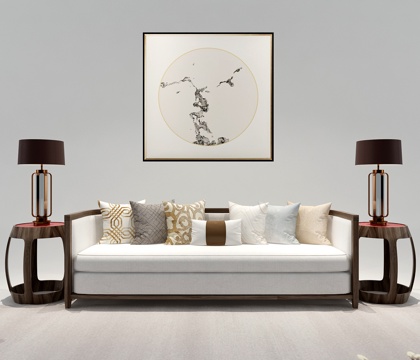  新中式多人沙发边几台灯组合3d模型 