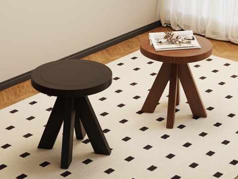 法式中古边几 圆几 木凳su模型