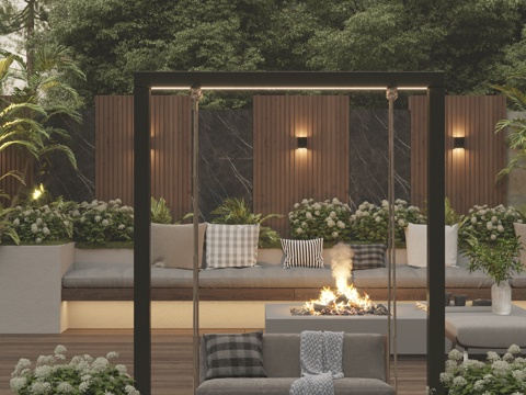  现代暗黑系 古典庭院花园景观 吊椅秋千 休闲卡座组合3d模型3d模型 