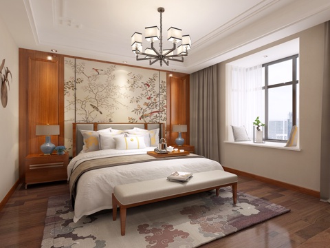  新中式主卧室3d模型 