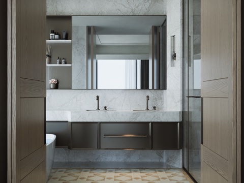 酒店卫生间双台盆su模型