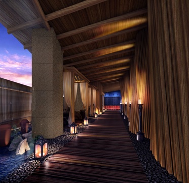  东南亚原木色SPA会所 现代白色布艺按摩床 吊灯落地灯 流水3d模型 