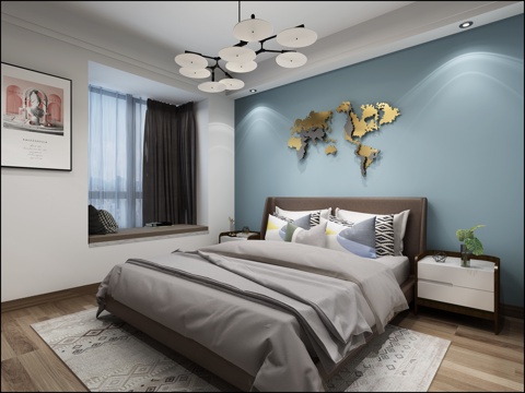  北欧主卧室 双人床 挂件 吊灯 挂画3d模型 