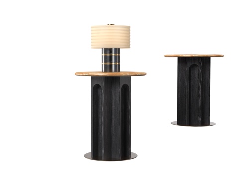 现代原木金属圆几 角几 轻奢台灯 桌几 大理石边几su模型