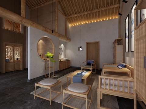  新中式民宿酒店客房3d模型 