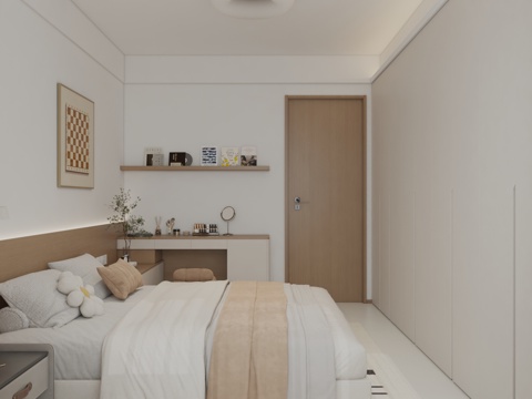  奶油风卧室，原木风主卧室3d模型 