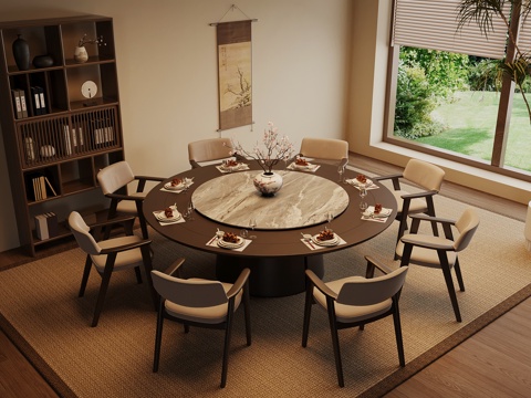 新中式餐桌椅 圆桌su模型