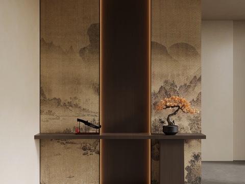 新中式玄关 入户装饰隔断su模型