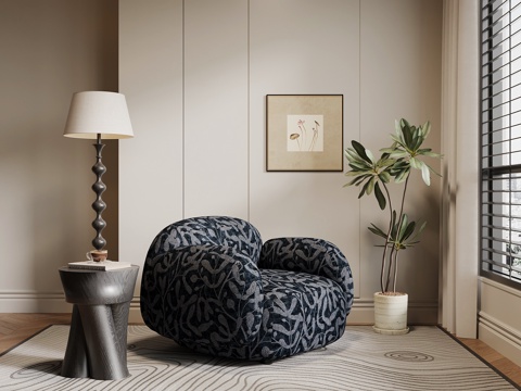 现代中古风单人沙发 布艺休闲沙发su模型