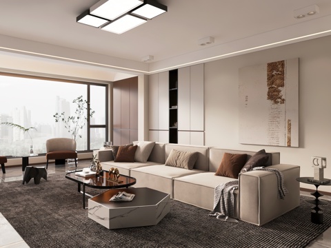  现代客餐厅 开放厨房 干区 电视墙3d模型 