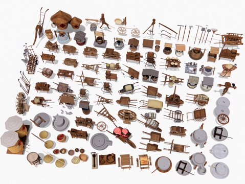 中式乡村农耕小品 农村农具 石磨石碾 板车 推车犁耙农家小品su模型