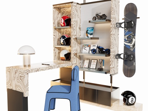 现代摩托主题衣柜 开放柜  书桌椅su模型