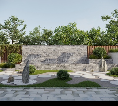  现代别墅庭院 花园景墙 景墙围墙 禅意山水景观 叠水景墙 砾3d模型 