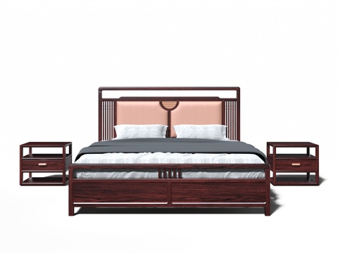  新中式宋式美学红木大床3d模型 
