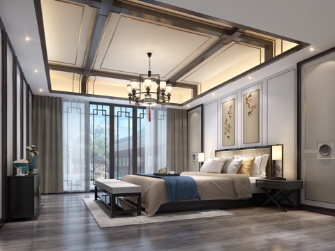  新中式卧室3d模型 